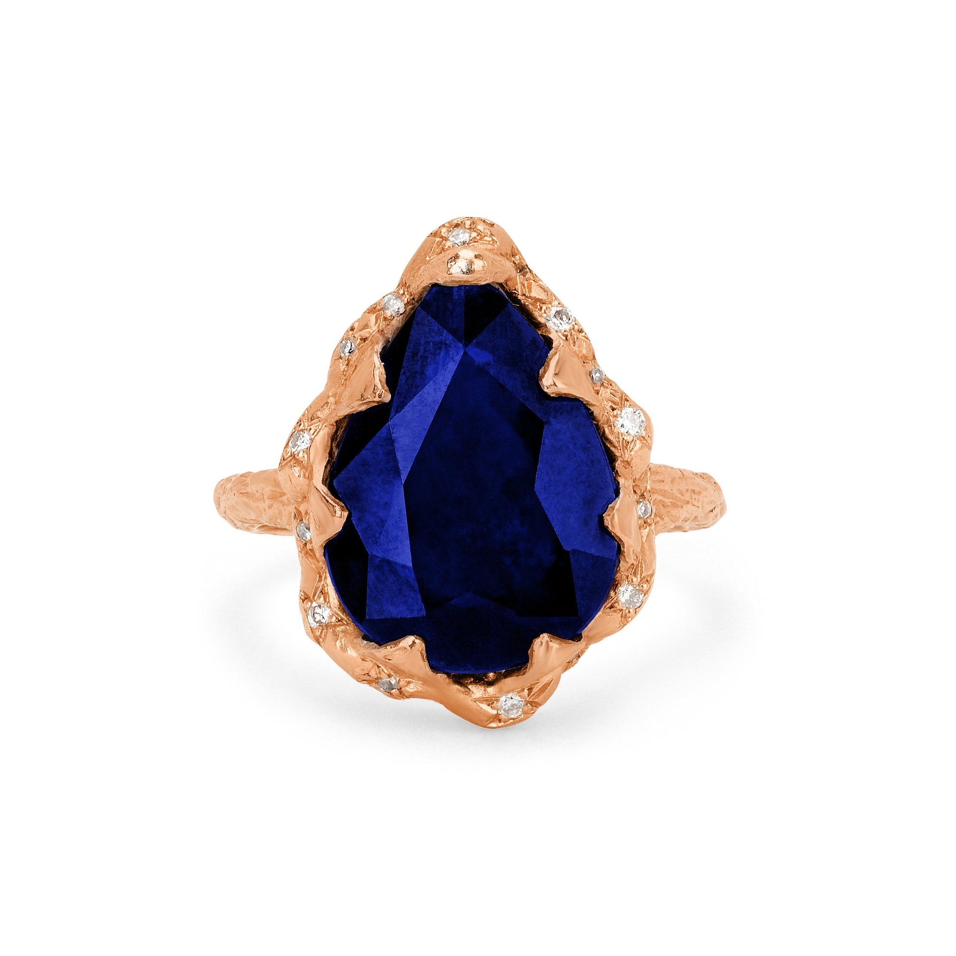 Queen Water Drop Sapphire Ring with Sprinkled Diamonds Rose Gold 3 by Logan Hollowell Jewelry