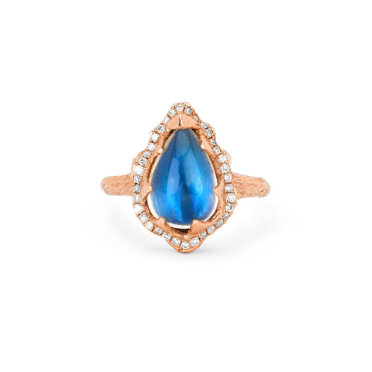 Baby Queen Water Drop Blue Sheen Moonstone Ring with Full Pavé Halo Rose Gold 3  by Logan Hollowell Jewelry