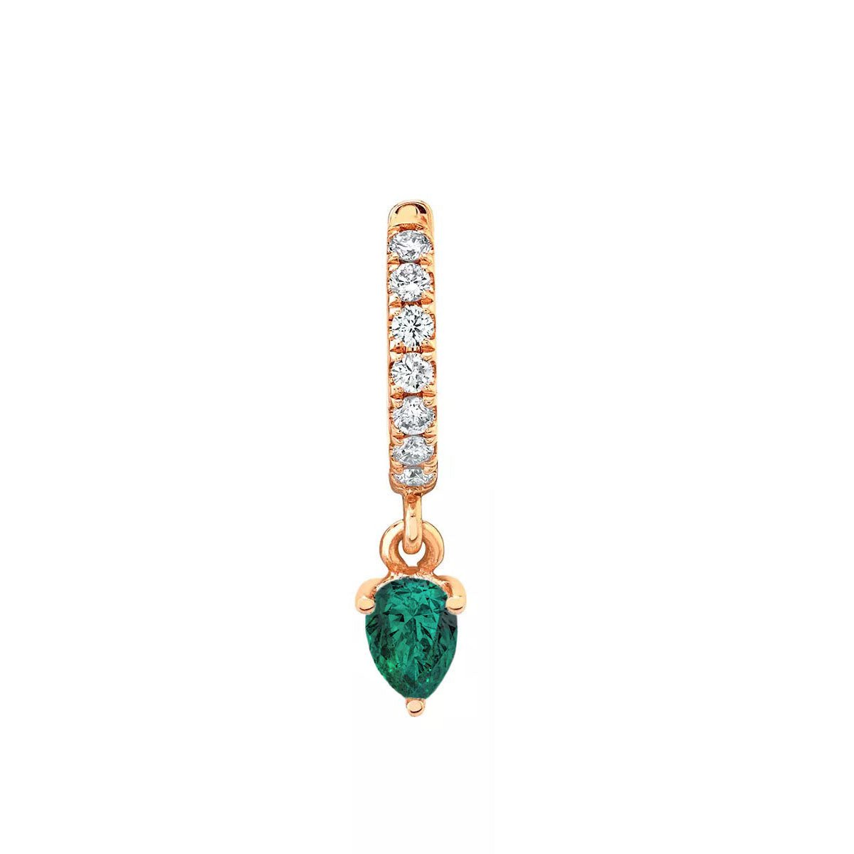 Emerald Water Drop Goddess Hoops Rose Gold Single by Logan Hollowell Jewelry