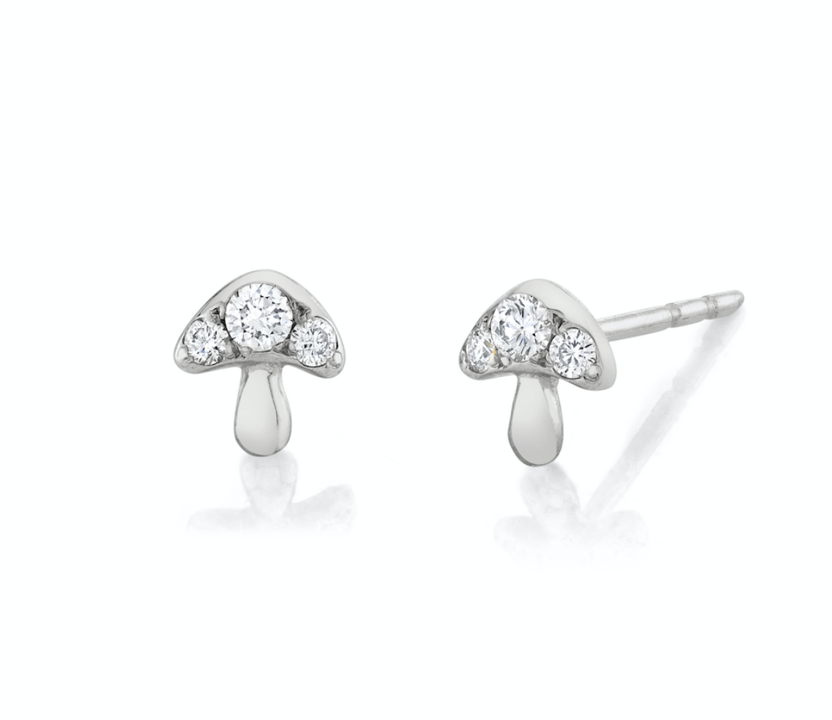 3 Diamond Mini Mushroom Stud Pair White Gold  by Logan Hollowell Jewelry