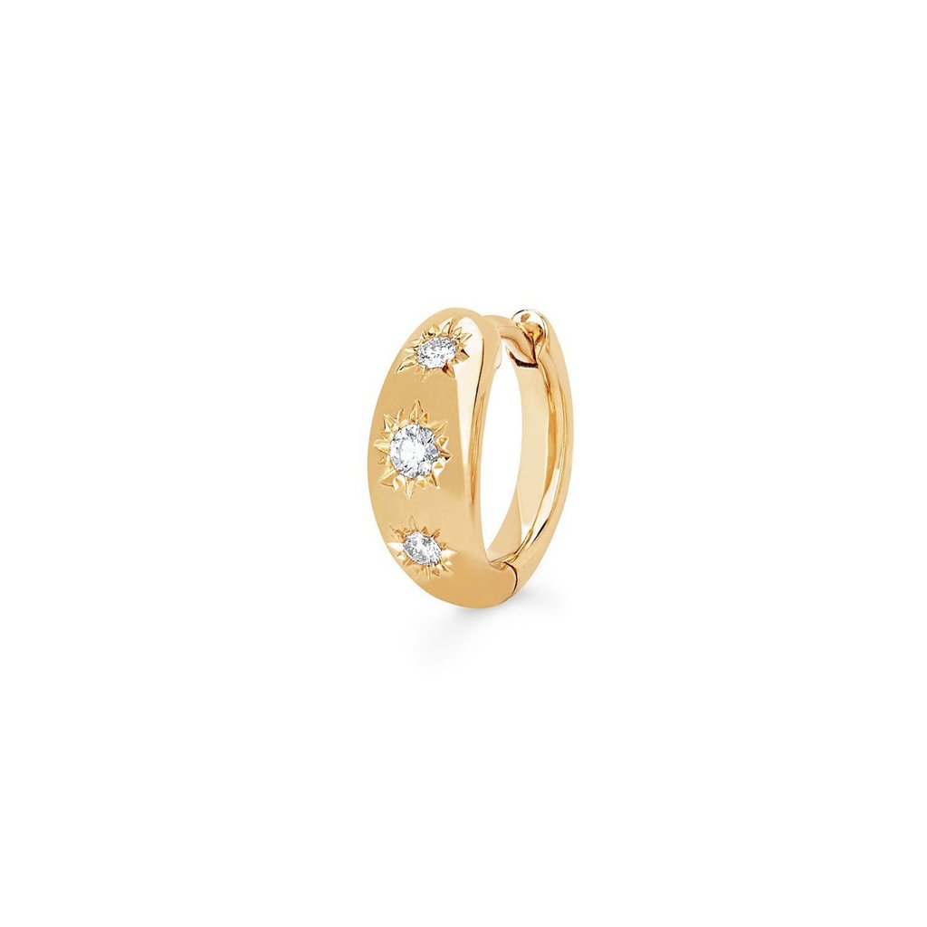 Three Star Set Rounded Diamond Huggies Yellow Gold Single  by Logan Hollowell Jewelry