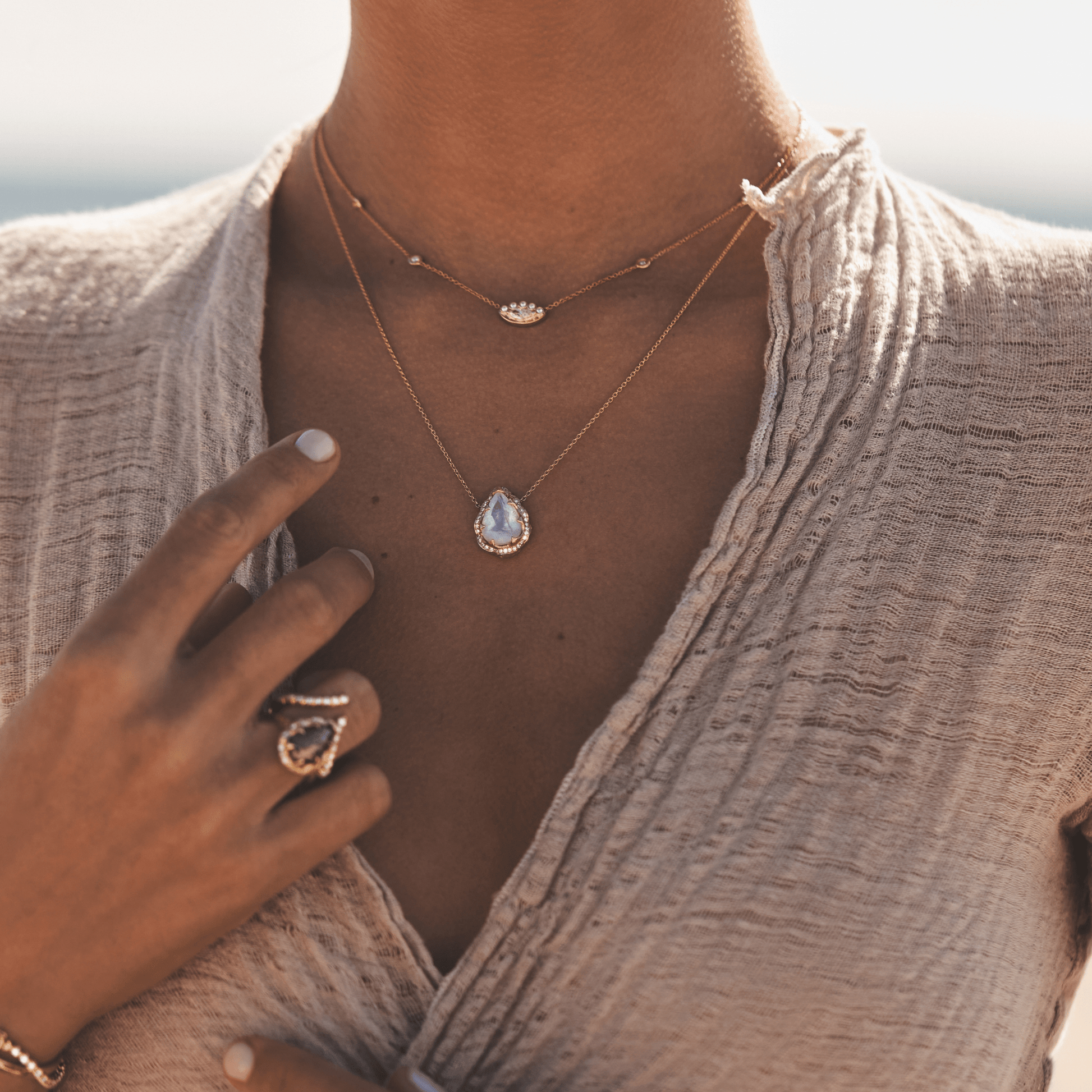 Queen Water Drop Moonstone Necklace with Full Pavé Diamond Halo | Ready to Ship by Logan Hollowell Jewelry