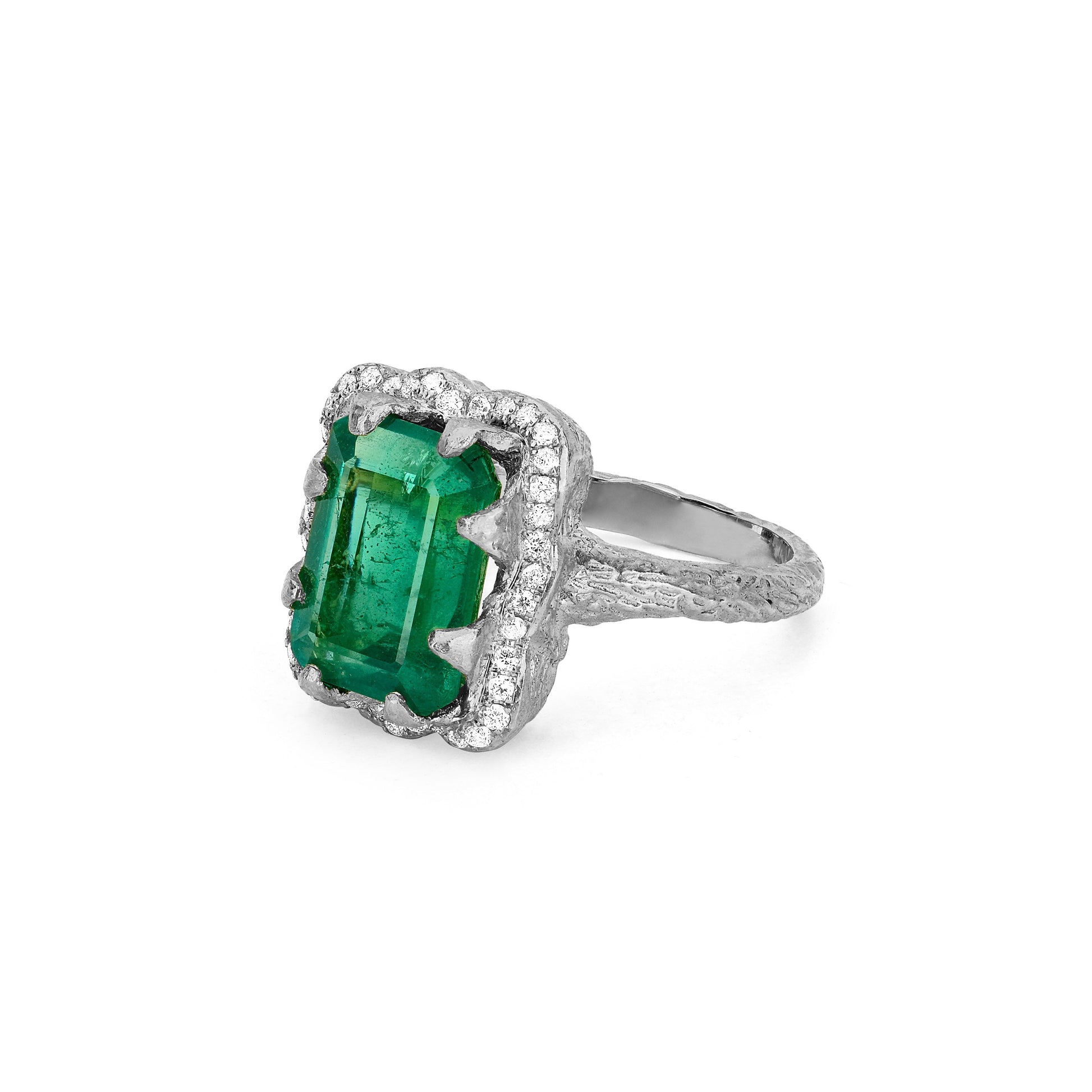 Queen Emerald Cut Emerald Ring with Full Pavé Diamond Halo by Logan Hollowell Jewelry
