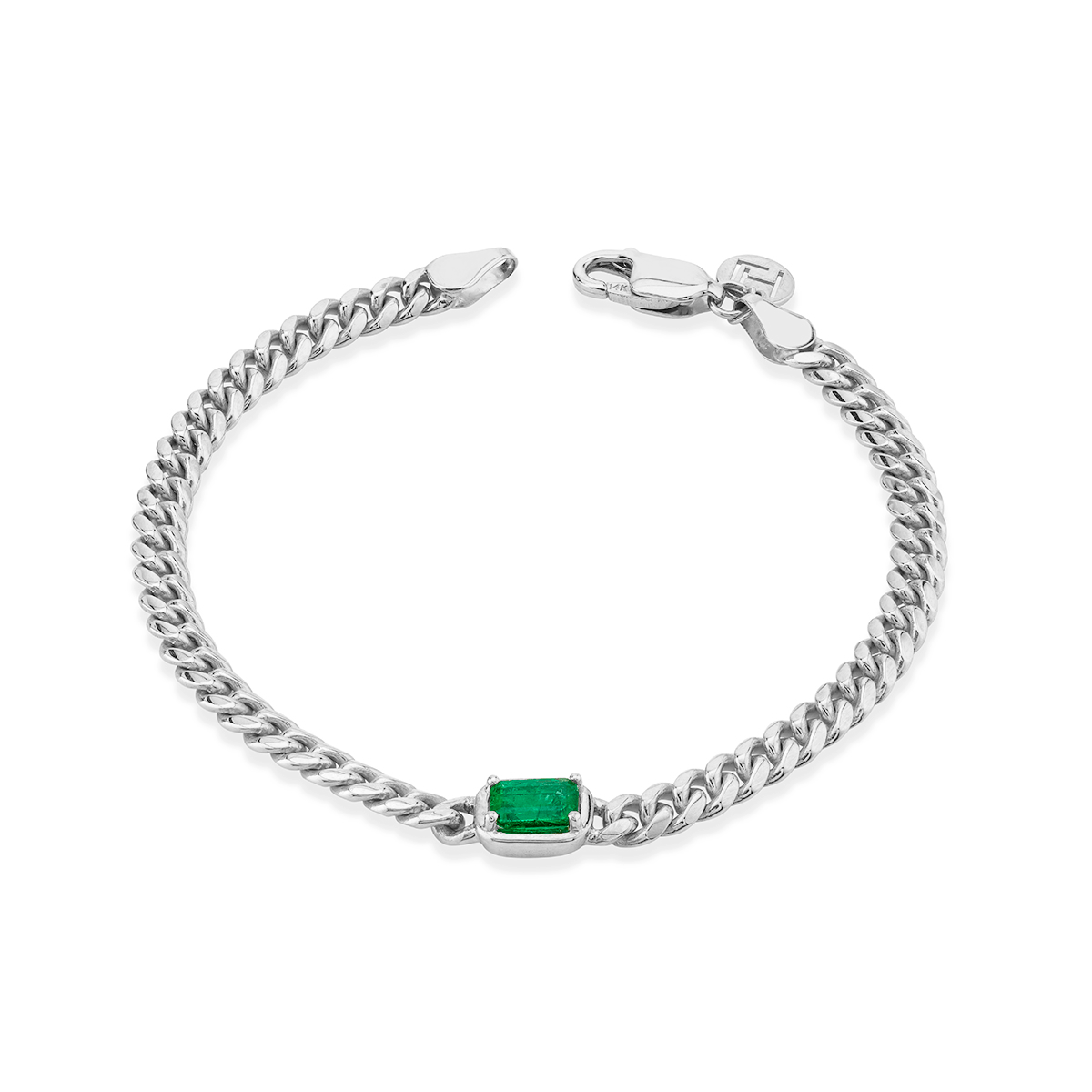 Emerald Cut Emerald Cuban Bracelet White Gold 6.5" by Logan Hollowell Jewelry