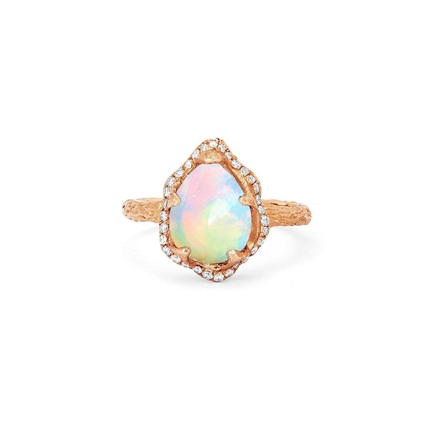 Baby Queen Water Drop White Opal Ring with Full Pavé Diamond Halo Rose Gold 3  by Logan Hollowell Jewelry