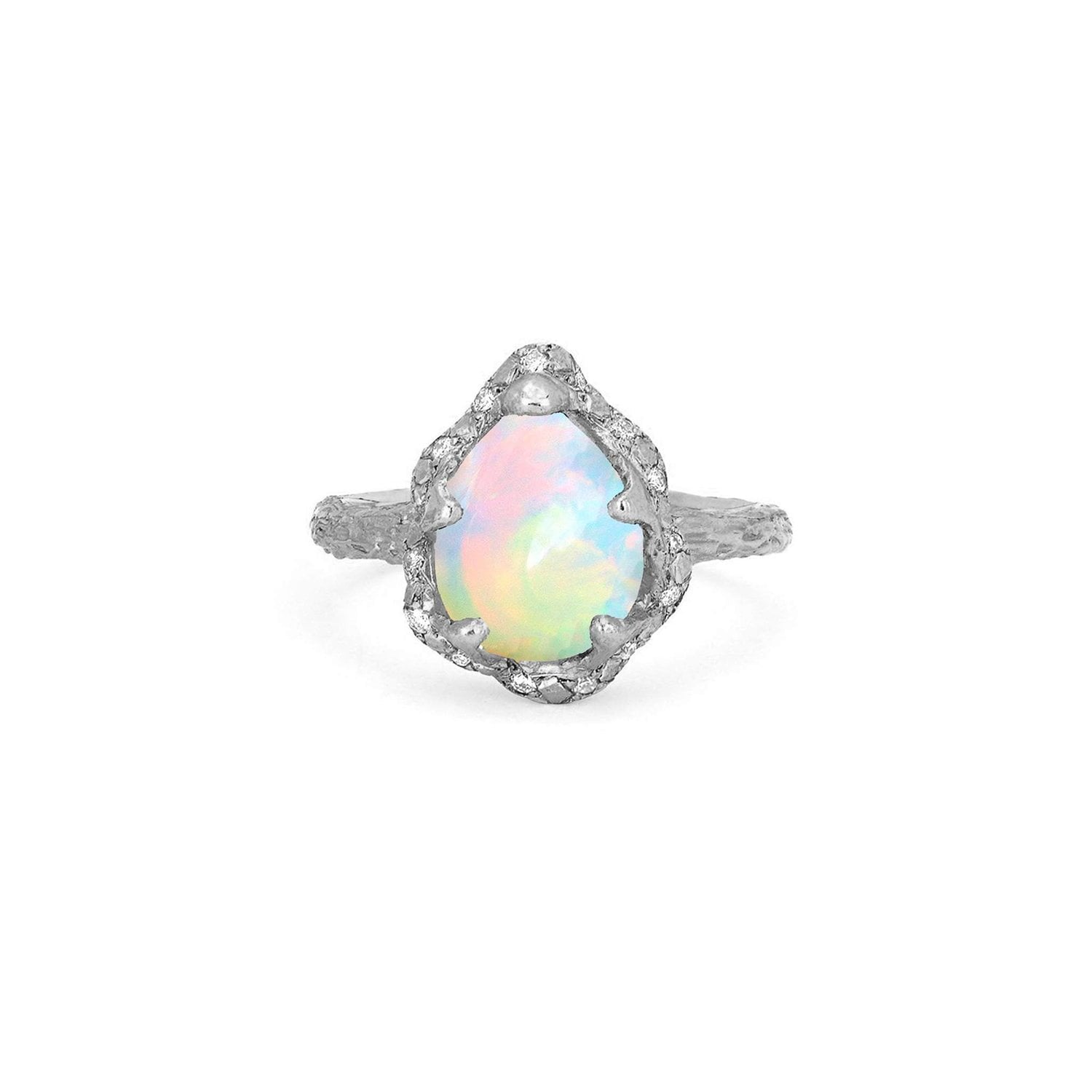 Baby Queen Water Drop White Opal Ring with Sprinkled Diamonds White Gold 3  by Logan Hollowell Jewelry