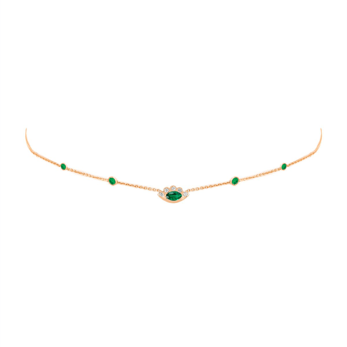 5 Emerald Orbit Bezel Choker with Angel Eye Emerald Center Rose Gold 14-15-16" by Logan Hollowell Jewelry