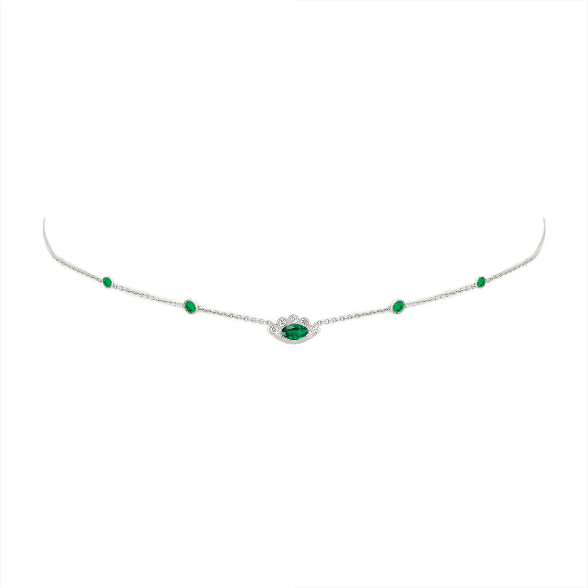 5 Emerald Orbit Bezel Choker with Angel Eye Emerald Center White Gold 14-15-16" by Logan Hollowell Jewelry