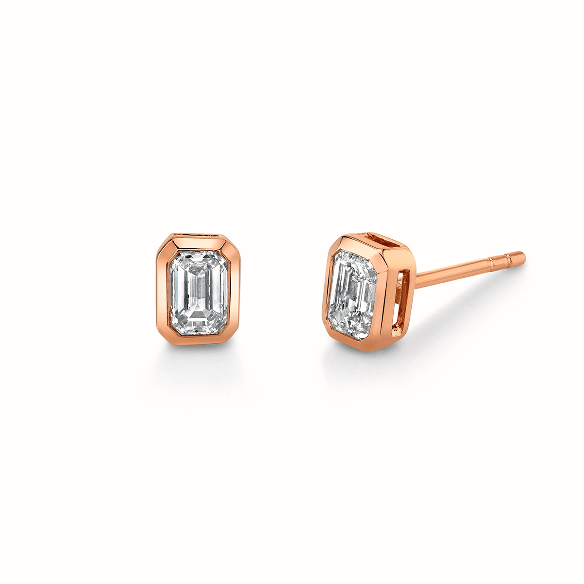 Mini Emerald Cut Diamond Studs Rose Gold Pair by Logan Hollowell Jewelry