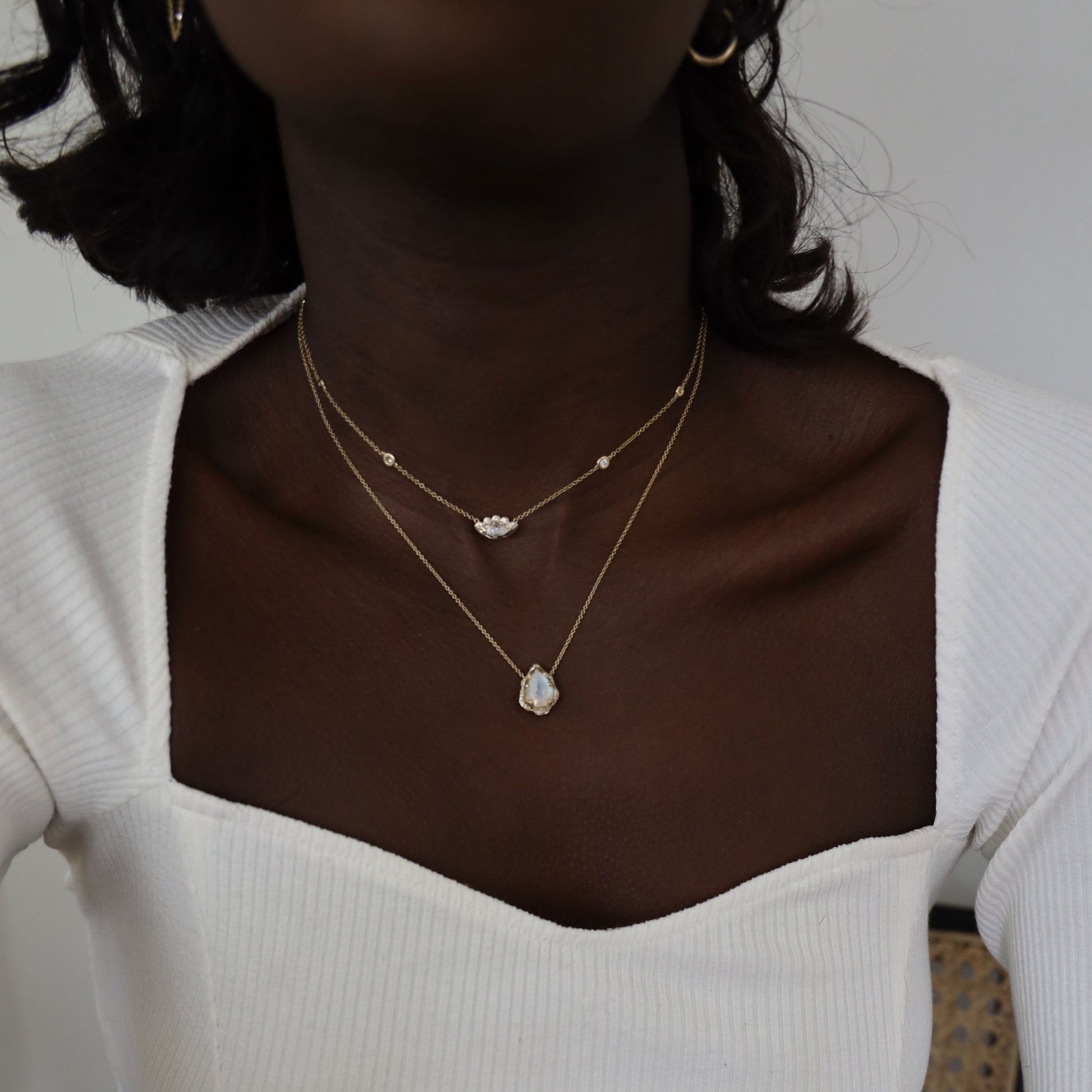 Baby Queen Water Drop Moonstone Necklace with Full Pavé Diamond Halo | Ready to Ship by Logan Hollowell Jewelry