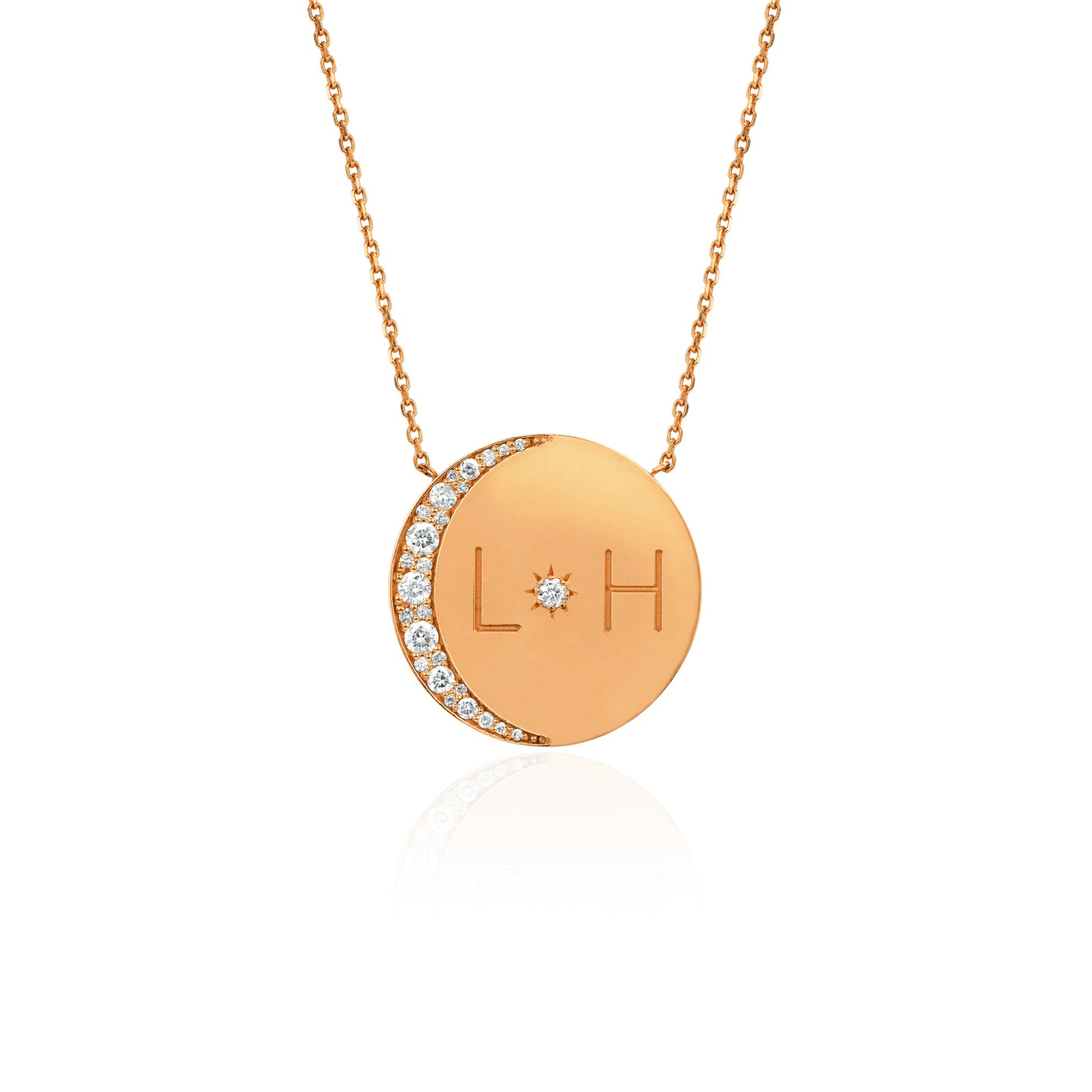 Medium Love You To The Moon and Back Necklace with Diamonds Rose Gold 16" With Star Set Diamond Center by Logan Hollowell Jewelry