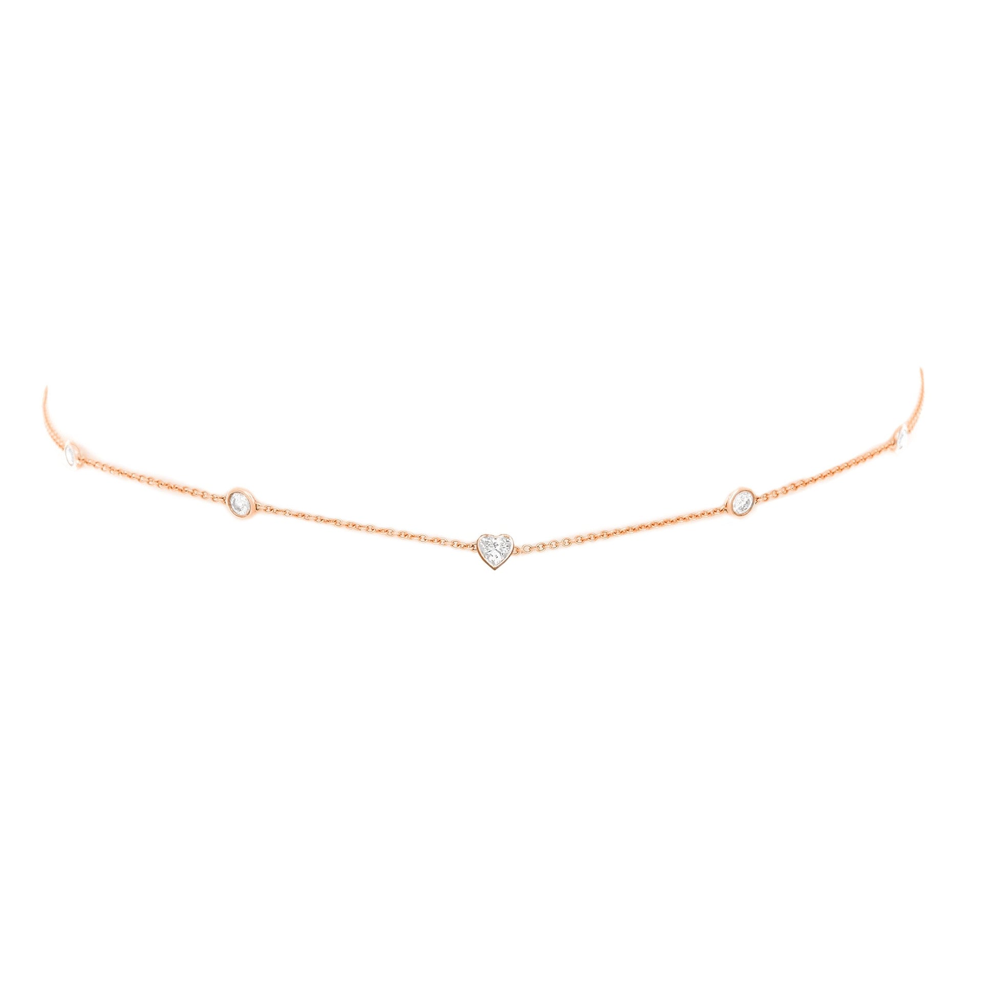 5 or 7 Diamond Heart of Light Orbit Choker with Heart Center 14"-15" Rose Gold 5 Diamond by Logan Hollowell Jewelry