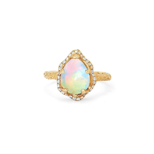 Baby Queen Water Drop White Opal Ring with Full Pavé Diamond Halo Yellow Gold 3  by Logan Hollowell Jewelry