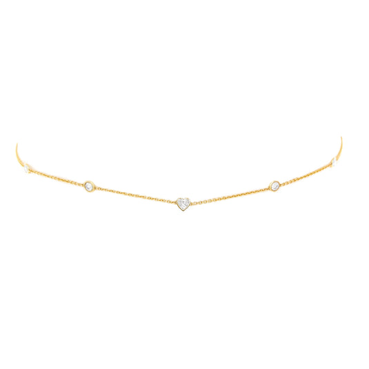 5 or 7 Diamond Heart of Light Orbit Choker with Heart Center 14"-15" Yellow Gold 5 Diamond by Logan Hollowell Jewelry